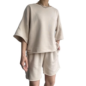 Women's 2025 <b>Summer</b> Casual Polyester Two-Piece Set Solid Color Half-Sleeved Neck Loose Rope Shorts Button Pattern <b>Decoration</b> - Product Image 6