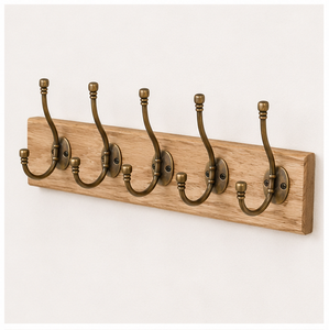 Porte-manteau mural haut de gamme à 6 crochets, finition laiton antique sur planche en bois rustique, organisateur vintage pour manteaux, chapeaux et sacs - Product Image 1