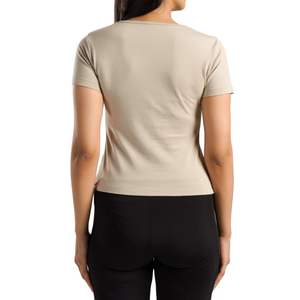 Camiseta Deportiva Personalizada para Mujer, Color Beige, Corte Ajustado, Manga Corta, Cuello Redondo, Elástica, Transpirable, Suave, para Gimnasio, Fitness y Yoga - Product Image 4