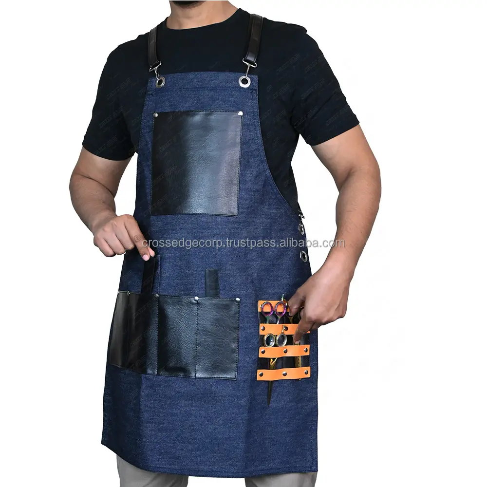 Blue jeans Barber Aprons for Men Women Hair Stylist Aprons Cross Back Straps with PU Leather Large Pockets Adjustable