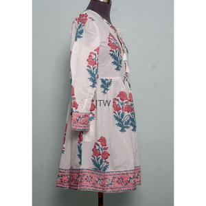Handmade Women's Floral <b>Print</b> Mini <b>Dress</b> 3/4 Sleeve Stand Collar Button Up High Waist Flare Summer <b>Dress</b> With Border - Product Image 4