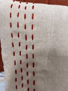 Handcrafted Minimalist Kantha Stitch Embroidery Square Cotton <b>Cushion</b> <b>Cover</b> with Anti-Dust Mite Feature in Beige and Red - Product Image 3