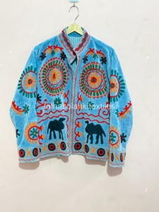 Hand Embroidered Uzbek Blue Cotton Jacket With <b>Animal</b> <b>Pattern</b> Mandarin Collar Spring Women's Prairie Chic Style - Product Image 5