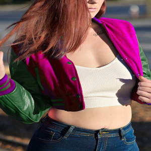 Veste courte universitaire pour femme, style bomber Letterman, rose, magenta, vert, manches en similicuir, vêtement d'extérieur décontracté, mode féminine - Product Image 2