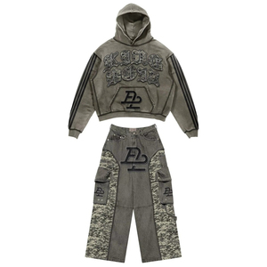 Ensemble de survêtement personnalisé à capuche, manches longues, style streetwear, imprimé flamme noir et rouge, unisexe adulte, coupe ample, pantalon à cordon de serrage, automne - Product Image 3