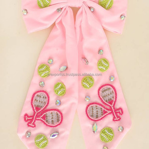 Pink Beaded Satin Hair Bow for Girls Embroidered Tennis Racket and Ball Design for Sports Cheer Wedding Party Accessory - Product Image 1