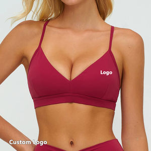 Women Mid Waist Sleeveless Deep V Neck Sports <b>Bra</b> Solid Color Seamless Breathable Activewear 1 Piece Front Logo Heat-Transfer - Product Image 1
