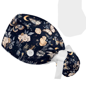 Black Floral Butterfly Surgical <b>Cap</b> with Button and Tie Back Unisex Hospital Uniforms Accessories Satin Fabric Needle Detection - Product Image 1