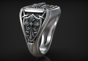 925 Sterling <b>Silver</b> Black Oxidized Moissanite <b>Crown</b> Cross Neo-Gothic Cocktail Ring with Bezel Setting - Product Image 2