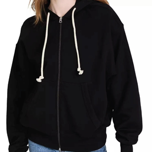 Sudadera con capucha negra de moda con cremallera, cordones ajustables, suave, cálida, de manga larga, estilo urbano para mujer, 100% algodón - Product Image 1