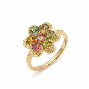 Anillo de Plata de Ley 925 con Turmalina Multicolor, Siete Piedras en Forma de Flor, Inspirado en la Flor Ixora, Chapado en Oro y Rodio - Product Image 1