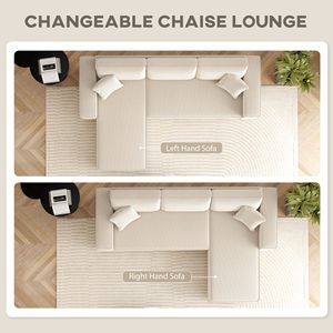 Divano Angolare a L in Tessuto Corduroy Bianco Crema, Due Posti con Chaise Longue Reversibile e Design Angolare con Molle Insacchettate - Product Image 4