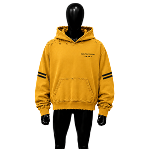 เสื้อฮู้ดดี้ผู้ชายสีเหลืองพรีเมียม ทรงโอเวอร์ไซส์ ผ้าฝ้ายเฟรนช์เทอร์รี่ สวมใส่สบายๆ สำหรับฤดูใบไม้ร่วง มีโลโก้ด้านหน้า แถบลายที่แขนเสื้อ พร้อมโลโก้ด้านหลัง - Product Image 1