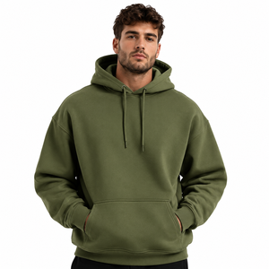Sweat à capuche homme personnalisé, coupe oversize, vert olive, épaules tombantes, pull uni en molleton de coton épais, style streetwear - Product Image 1