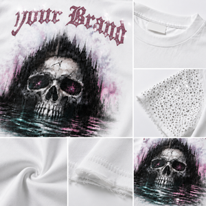 T-shirt unisexe en coton grande taille, coupe courte, premium, 260 GSM, imprimé DTG, motif strass, streetwear, ourlet déchiré - Product Image 4