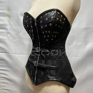 Corset noir en brocart pour femme avec bonnets en cuir véritable cloutés, fermeture éclair sur le devant et bretelles à double boucle - Product Image 3