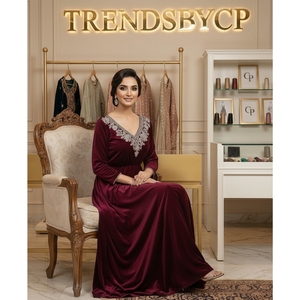 Trends Cp Luxury Hand-Embroidered <b>Sequined</b> Embellishment Pure Velvet Slit Detail Middle East <b>Kaftan</b>-Kuwait Party Modest Evening - Product Image 1