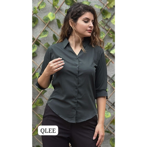 Chemisier de bureau vintage uni en modal pour femme, col roulé, boutonné, lavable, de haute qualité, tenue de travail formelle, teinture unie - Product Image 5