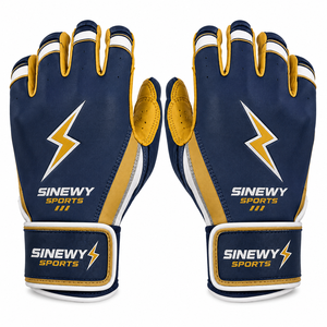 Gants de frappeur SINEWY SPORTS personnalisés en cuir bleu marine et or, pour gaucher, avec support de poignet et fermeture auto-agrippante, unisexe adulte - Product Image 1