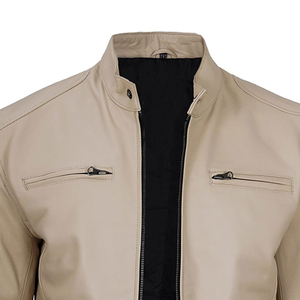 Blouson Moto en Cuir PU Beige pour Homme, Col Montant, Coupe Slim, Hiver, Respirant sur le Devant - Product Image 5