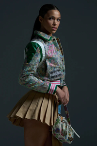 Floral <b>Sequined</b> Varsity <b>Jacket</b> Turn-Down Collar Glitter Print Preppy Style Short Length Front Customizable Unisex Autumn Wear - Product Image 2