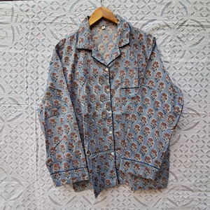 Wholesale Custom Block Printing Cotton Fabric Pajama Set With Button <b>Down</b> Collar & Elastic Waist Bottom <b>Pant</b> Comfy Sleepwear - Product Image 3