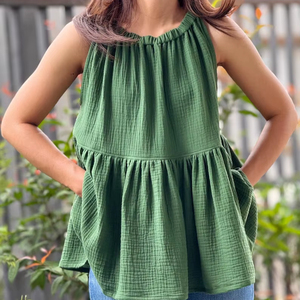 Chemisier Babydoll Vintage pour Femme en Gaze Teinte en Fil 100% Coton, Coupe Droite, Sans Manches ou à Manches Courtes, Débardeur Fluide Décontracté d'Été - Product Image 1