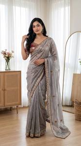 Prayosha Export Heavy Embroidered <b>Saree</b> Set Soft <b>Satin</b> Fabric Ready Made Blouse Lace Border Traditional Dress Wedding Party - Product Image 2