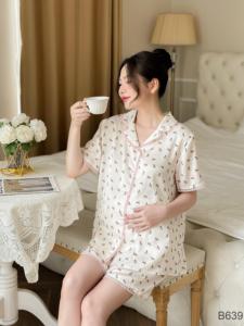 Ensemble short en soie florale crème de haute qualité pour femmes enceintes et post-partum, design minimaliste, respirant, ne décolore pas, usage quotidien B639 - Product Image 3