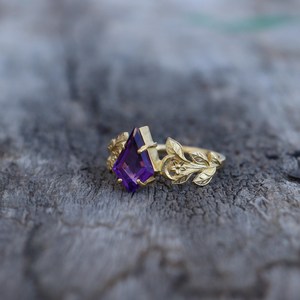 Bague en améthyste inspirée de la nature, argent sterling 925 plaqué or 14 carats, faite à la main, cadeau de promesse ou de mariage pour elle - Product Image 4