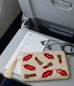 Beaded Lip Pattern Cosmetic <b>Pouch</b> Handmade Vintage Zipper Closure Women's Makeup Bag Beaded Design - Product Image 2
