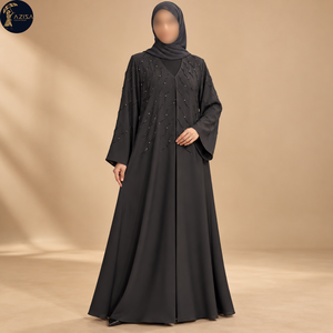 Abaya Negra Drapeada con Adornos de Cuentas Plateadas y Detalle de Abertura Frontal |   Vestido Musulmán Modesto de Longitud Completa con Mangas Largas Fluidas - Product Image 1