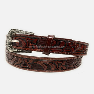 Many Designs and Custom Sizes Hand Carved Floral Embossed Unisex Western <b>Leather</b> <b>Tooling</b> Belt with Cowboy Buckle Set - Product Image 3