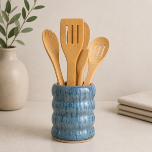 Tall Ceramic Utensil Holder Glossy Marble Vein Glaze Handcrafted Kiln <b>Fired</b> Durable Heat Safe Kitchen Counter Organizer - Product Image 6