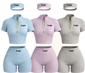 Women's Tracksuit Set Short Sleeve Zipper Crop Top High Waist Shorts Solid Color Breathable Lightweight Summer Wear - Product Image 1