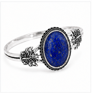 Blue Lapis Lazuli Silver Bangle, 925 Sterling Silver Oval Gemstone <b>Bracelet</b>, Lapis Statement Jewelry, Gift for Women - Product Image 3