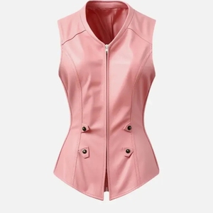 Chaleco de cuero para mujer, marrón, informal, sin mangas, con cuello redondo y cremallera, top de otoño, superventas, a la moda, estilo motero, prenda exterior, abrigo, tops - Product Image 3