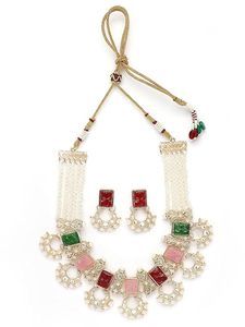 Conjunto de Collar y Pendientes Kundan Chapados en Oro para Mujer con Piedras Rojas, Verdes y Rosas, Imitación de Perla, Joyería Vintage de Aleación, Moda para Fiestas - Product Image 3