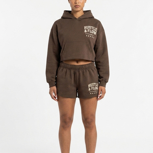 Conjunto de 2 Piezas de Ropa Urbana de Invierno para Mujer con Logotipo Personalizado, Sudadera con Capucha y Pantalones Cortos de Forro Polar, 100% Algodón, Transpirable, de Secado Rápido y Ecológico - Product Image 1