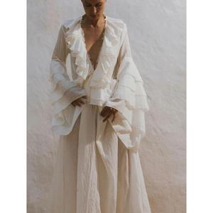 Vestido Maxi Bohemio con Volantes para Mujer, Cuello en V Profundo, Manga Larga, Estilo Fluido, para Vacaciones o Resort - Product Image 4