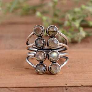 Boho 925 Sterling Silver Multi-Stone <b>Labradorite</b> Statement <b>Ring</b> Handmade Natural Gemstone Tiered Band Unisex 14K Gold Plated - Product Image 1