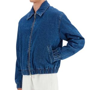 Veste en jean bleu foncé personnalisée pour homme, fermeture éclair intégrale, col montant, manches longues, style streetwear décontracté - Product Image 1