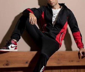 Women's Black Red Color Blocking Printed Tracksuit Set Full <b>Zip</b> <b>Hooded</b> Sporty Joggers Side Pockets Windproof Quick Dry 100% - Product Image 3