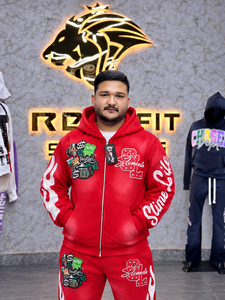 Custom Red Zip Up <b>Tracksuit</b> <b>Men</b> Graphic Streetwear Hoodie Jogger Set Printed Fleece Sweatshirt Pants Casual Sportswear Set - Product Image 4