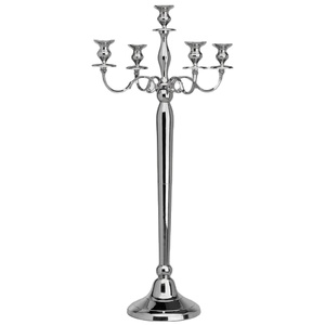 Support de candélabre en métal argenté poli à 5 bras, porte-bougie pour table à manger, décoration de mariage, centre de table décoratif - Product Image 1