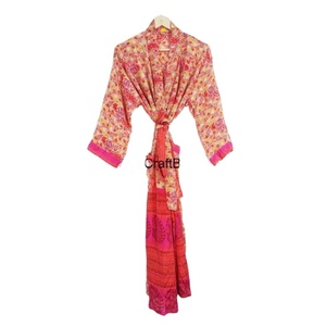 Robe longue bohème en patchwork de sari en soie 100% faite à la main pour femmes, col en V, cordon de serrage, manches longues, douce, hiver, automne, été - Product Image 1