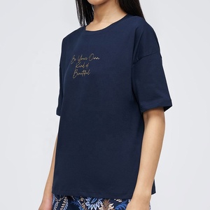 Womens <b>Navy</b> Blue Graphic T Shirt Cotton Drop Shoulder Slogan Crew Neck Loose Tee Apparel Manufacturer Gsm 220 - Product Image 4