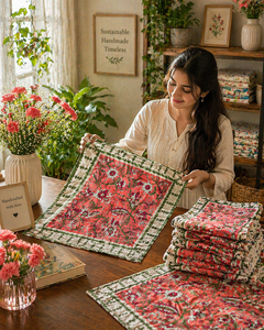 Juego de Manteles Individuales Rosados con Estampado Artesanal, Manteles Individuales Blancos de Algodón, Calidad de Exportación, Lavables, Decoración para Comedor, Juego de Obra Maestra Hecha a Mano - Product Image 4