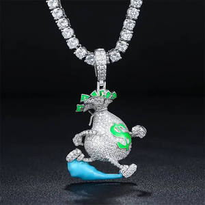 Cartoon Money Bag Pendant With Green Dollar Sign Full Pave Moissanite Charm D Color Moissanite Jewelry Factory - Product Image 1