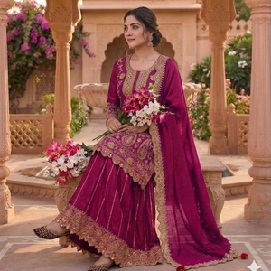 Nueva Colección de Trajes Sharara de Moda en Faux Georgette con Bordado y Cordón para Bodas - Product Image 1
